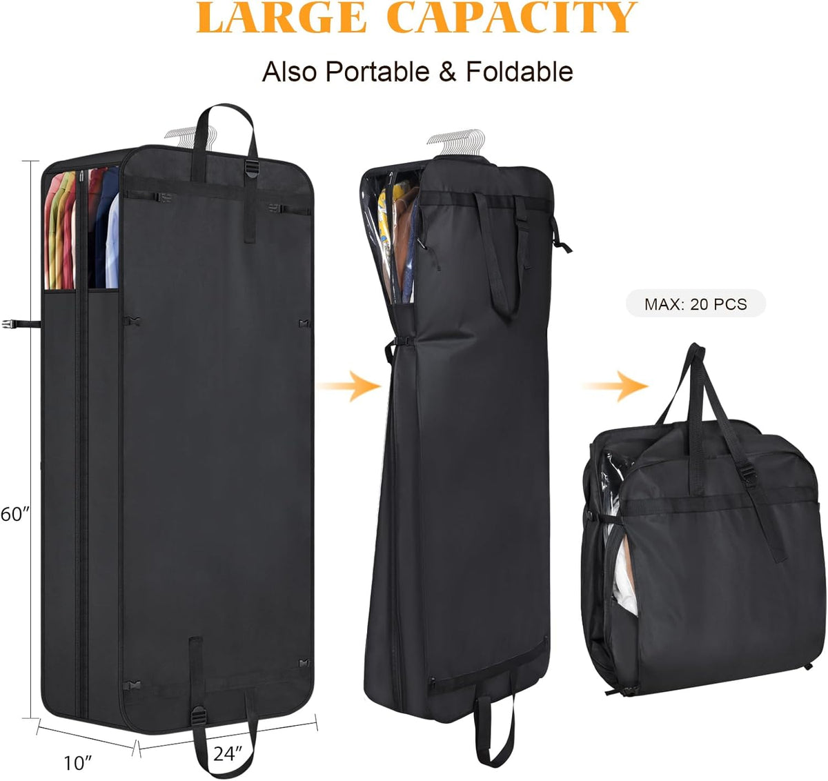 60 '' Foldable Extra Long Dress Garment Bag, Premium Breathable & Tear-resistant Hanging Dress Cover for Travel and Closet Storage with Mesh Shoe Pocket and 2 Carry Handles