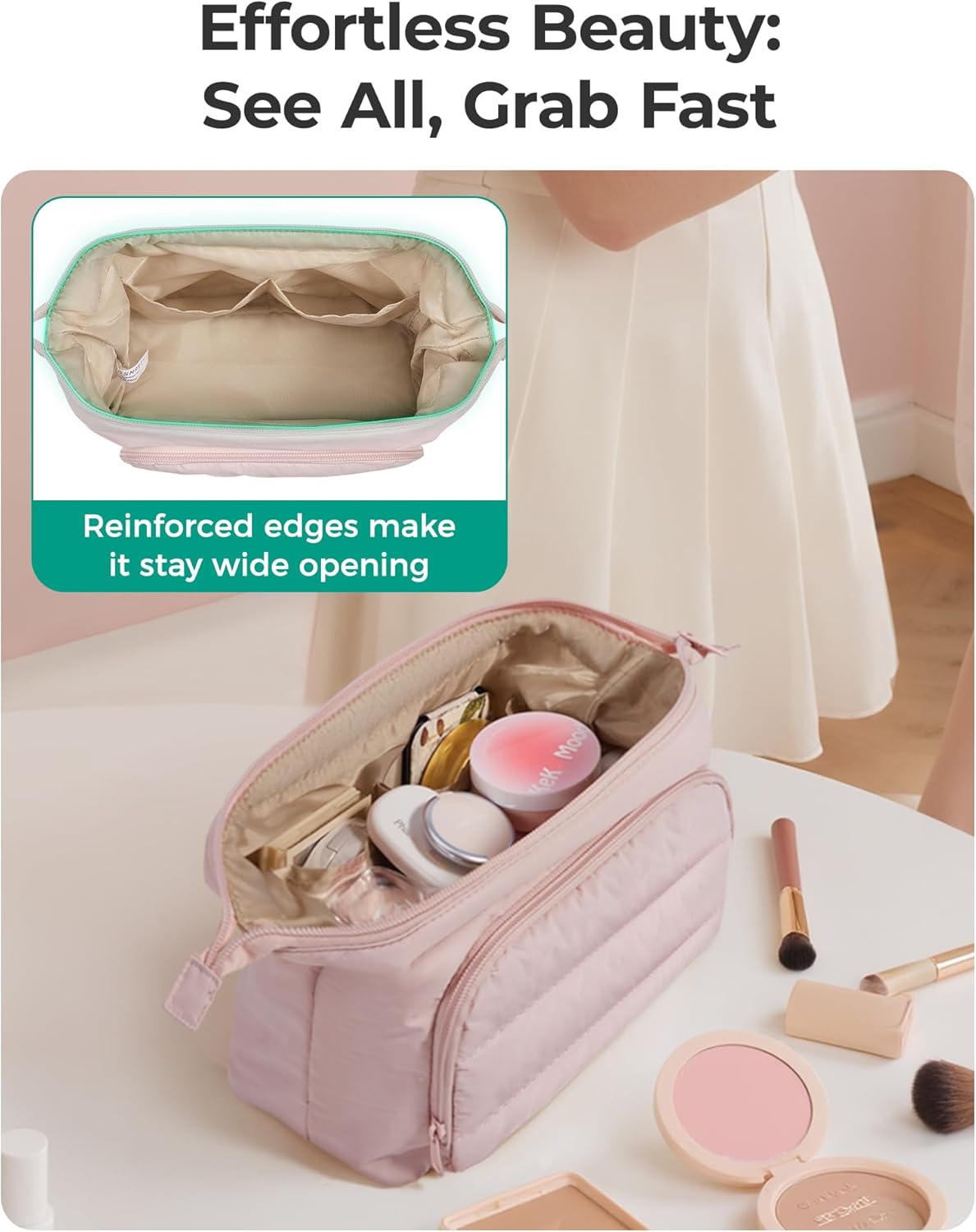 Travel Makeup Bag, Cosmetic Bag Small Make Up Organizer Case,Wide-open Pouch for Women Purse for Toiletries Accessories Brushes,Large Beige