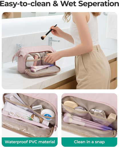 Travel Makeup Bag, Cosmetic Bag Small Make Up Organizer Case,Wide-open Pouch for Women Purse for Toiletries Accessories Brushes,Large Beige