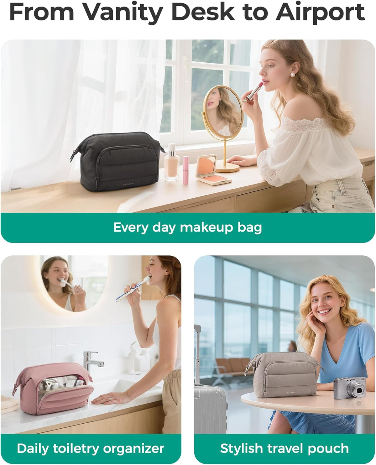 Travel Makeup Bag, Cosmetic Bag Small Make Up Organizer Case,Wide-open Pouch for Women Purse for Toiletries Accessories Brushes,Large Beige