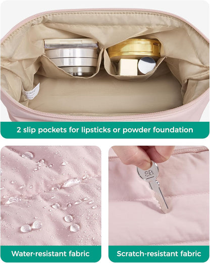 Travel Makeup Bag, Cosmetic Bag Small Make Up Organizer Case,Wide-open Pouch for Women Purse for Toiletries Accessories Brushes,Large Beige