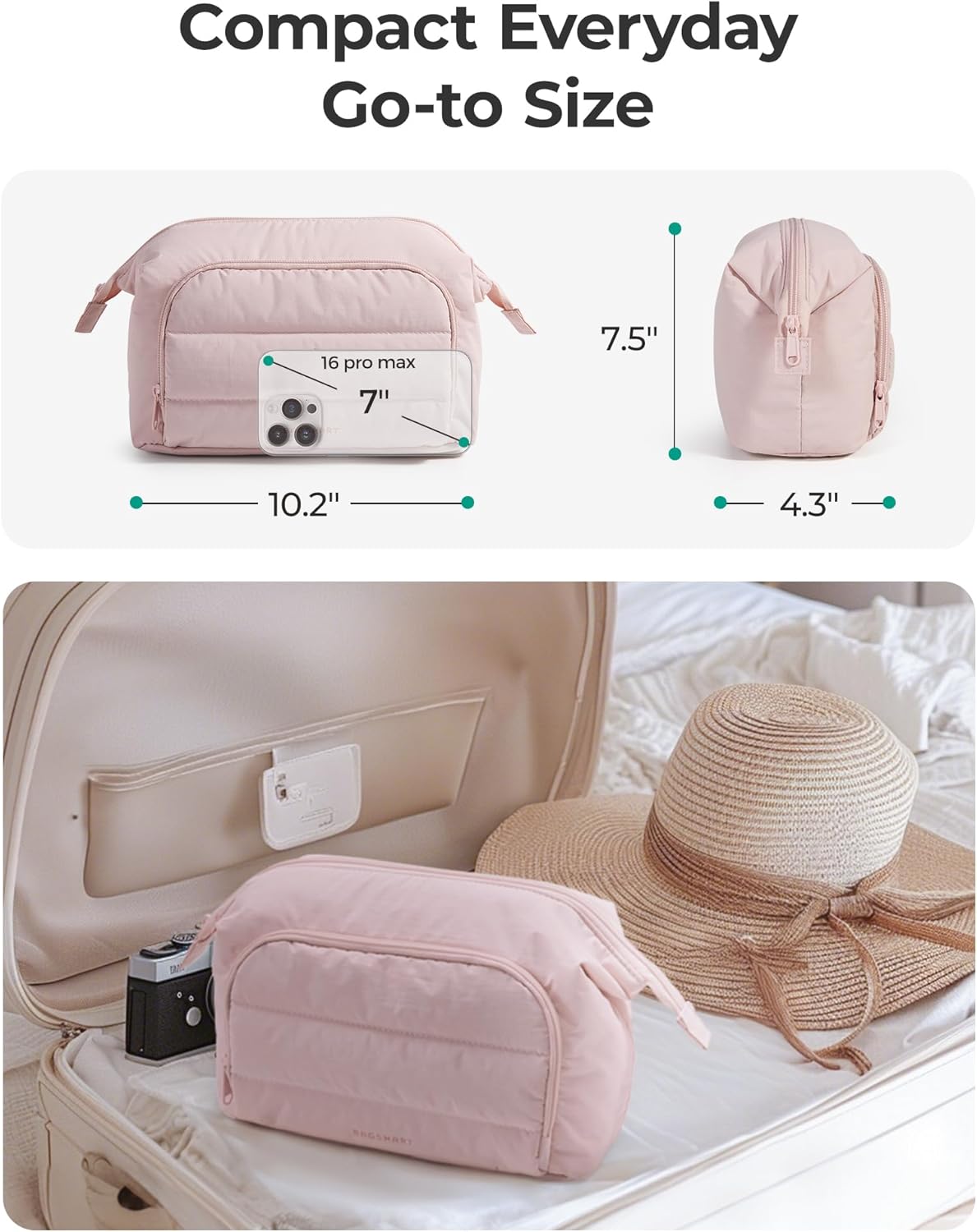 Travel Makeup Bag, Cosmetic Bag Small Make Up Organizer Case,Wide-open Pouch for Women Purse for Toiletries Accessories Brushes,Large Beige