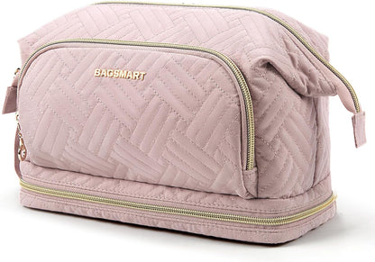 Travel Makeup Bag, Cosmetic Bag Small Make Up Organizer Case,Wide-open Pouch for Women Purse for Toiletries Accessories Brushes,Large Beige