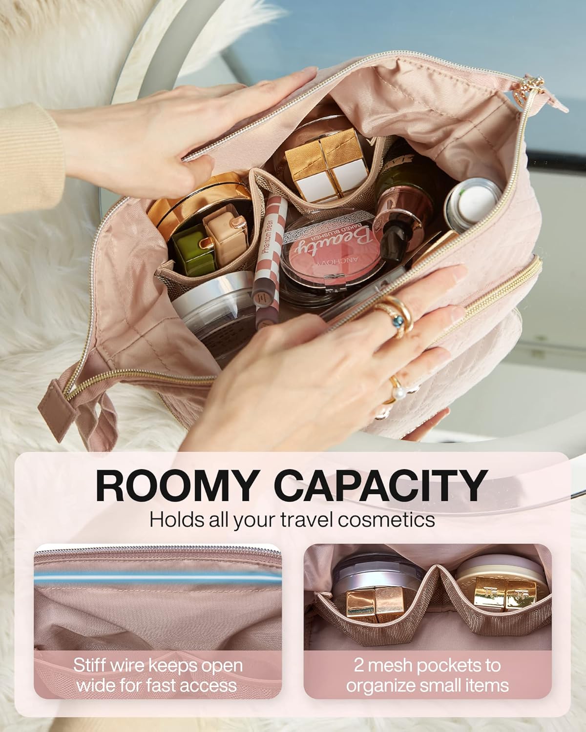 Travel Makeup Bag, Cosmetic Bag Small Make Up Organizer Case,Wide-open Pouch for Women Purse for Toiletries Accessories Brushes,Large Beige