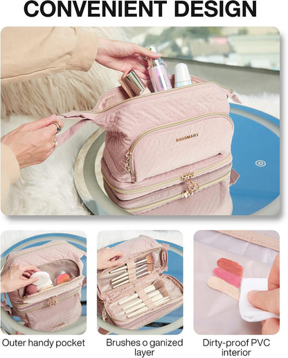 Travel Makeup Bag, Cosmetic Bag Small Make Up Organizer Case,Wide-open Pouch for Women Purse for Toiletries Accessories Brushes,Large Beige