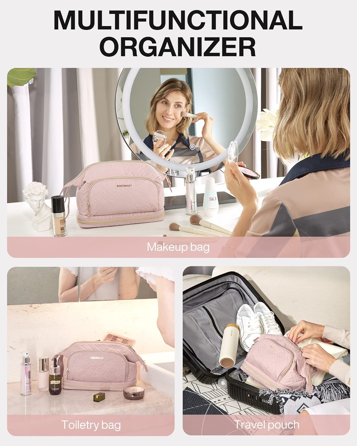 Travel Makeup Bag, Cosmetic Bag Small Make Up Organizer Case,Wide-open Pouch for Women Purse for Toiletries Accessories Brushes,Large Beige