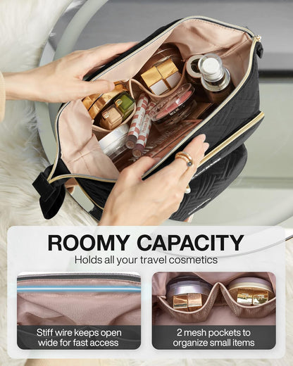 Travel Makeup Bag, Cosmetic Bag Small Make Up Organizer Case,Wide-open Pouch for Women Purse for Toiletries Accessories Brushes,Large Beige