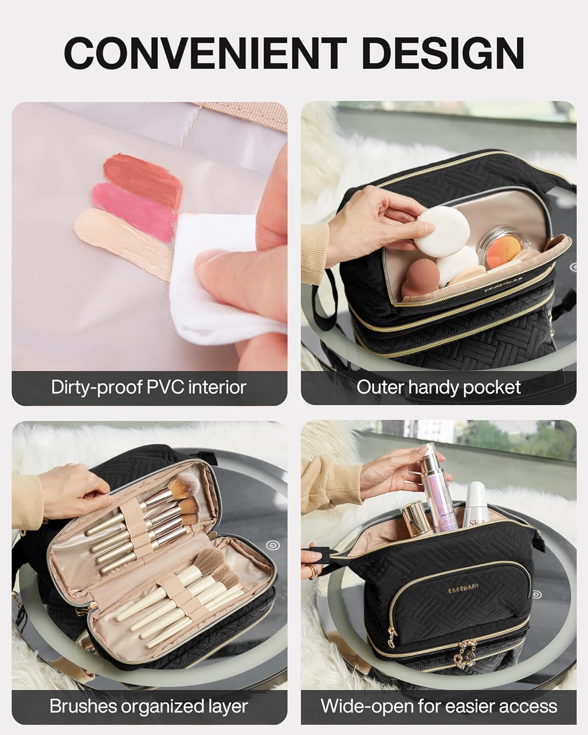 Travel Makeup Bag, Cosmetic Bag Small Make Up Organizer Case,Wide-open Pouch for Women Purse for Toiletries Accessories Brushes,Large Beige