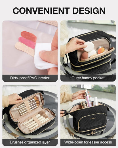 Travel Makeup Bag, Cosmetic Bag Small Make Up Organizer Case,Wide-open Pouch for Women Purse for Toiletries Accessories Brushes,Large Beige