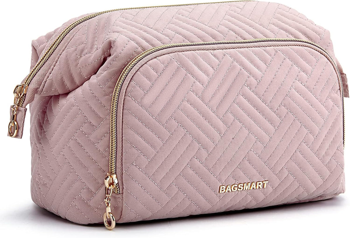 Travel Makeup Bag, Cosmetic Bag Small Make Up Organizer Case,Wide-open Pouch for Women Purse for Toiletries Accessories Brushes,Large Beige
