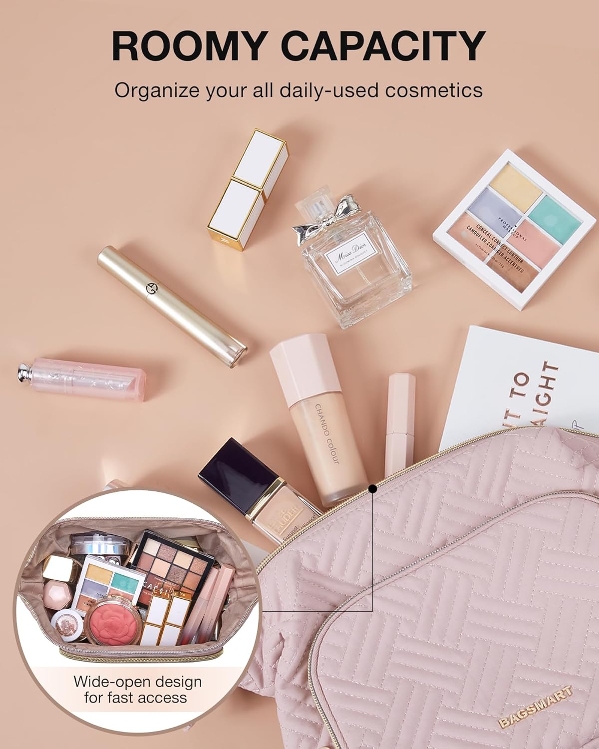 Travel Makeup Bag, Cosmetic Bag Small Make Up Organizer Case,Wide-open Pouch for Women Purse for Toiletries Accessories Brushes,Large Beige