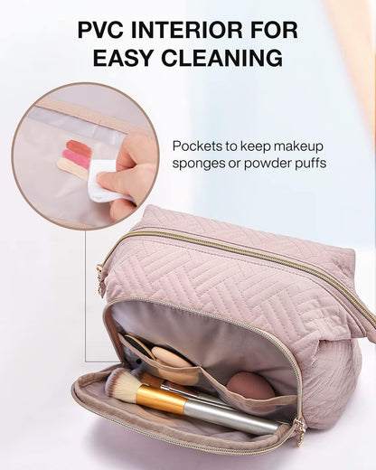 Travel Makeup Bag, Cosmetic Bag Small Make Up Organizer Case,Wide-open Pouch for Women Purse for Toiletries Accessories Brushes,Large Beige