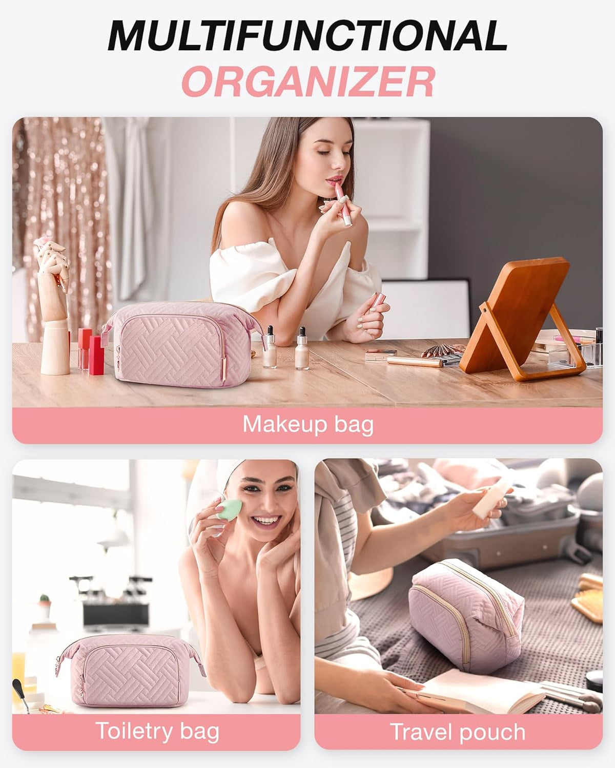 Travel Makeup Bag, Cosmetic Bag Small Make Up Organizer Case,Wide-open Pouch for Women Purse for Toiletries Accessories Brushes,Large Beige