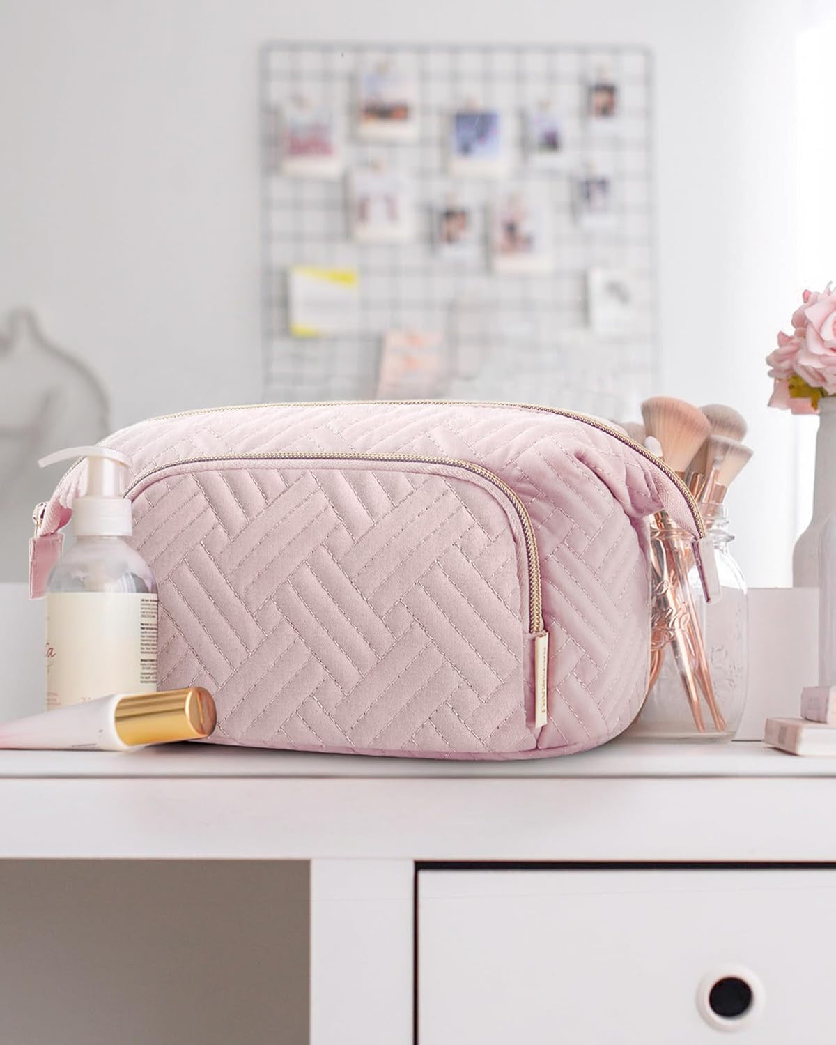 Travel Makeup Bag, Cosmetic Bag Small Make Up Organizer Case,Wide-open Pouch for Women Purse for Toiletries Accessories Brushes,Large Beige