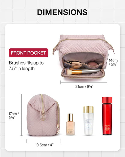 Travel Makeup Bag, Cosmetic Bag Small Make Up Organizer Case,Wide-open Pouch for Women Purse for Toiletries Accessories Brushes,Large Beige