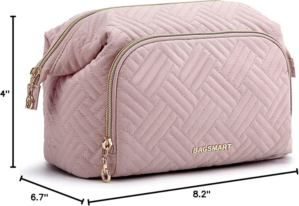 Travel Makeup Bag, Cosmetic Bag Small Make Up Organizer Case,Wide-open Pouch for Women Purse for Toiletries Accessories Brushes,Large Beige