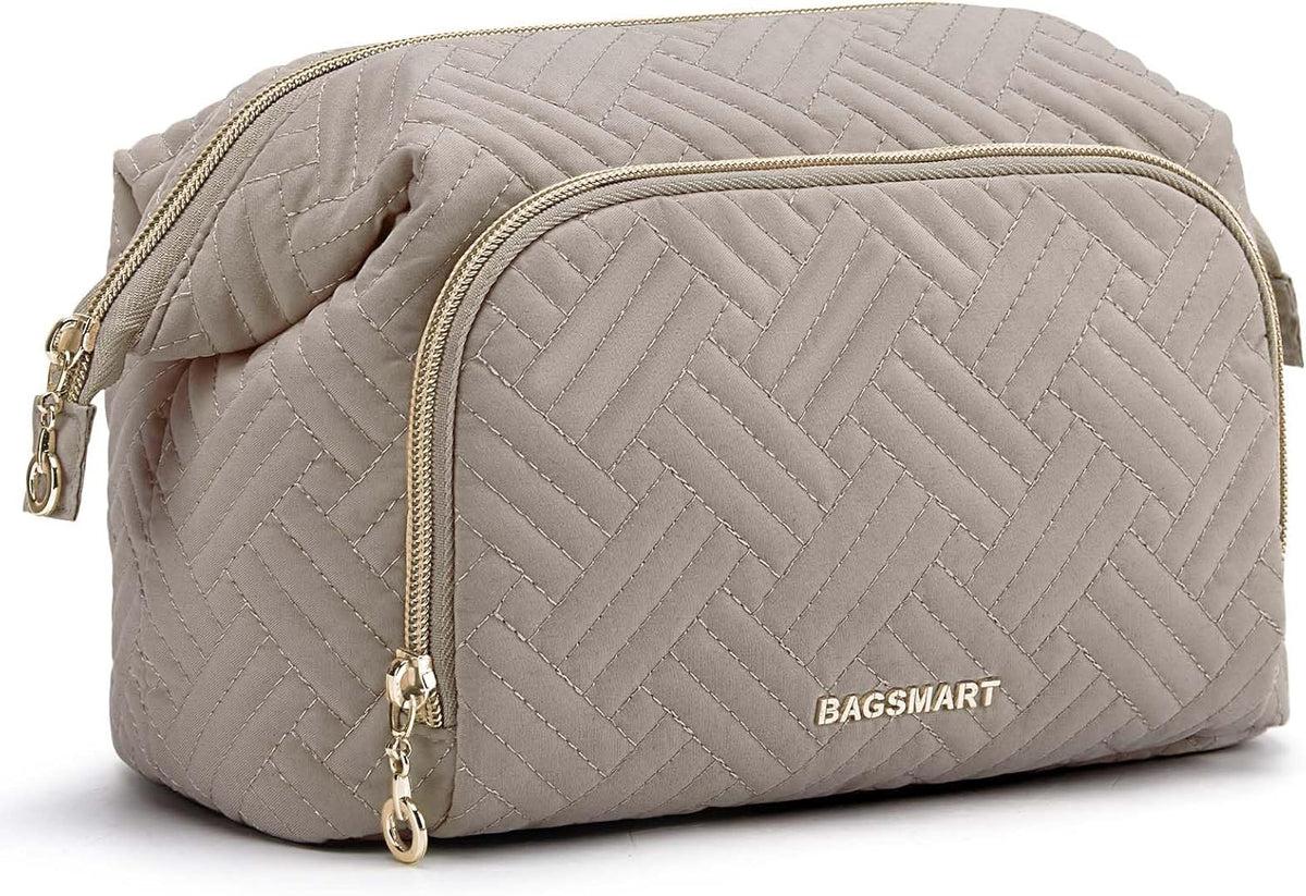 Travel Makeup Bag, Cosmetic Bag Small Make Up Organizer Case,Wide-open Pouch for Women Purse for Toiletries Accessories Brushes,Large Beige