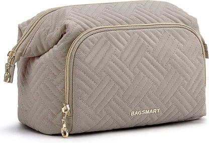 Travel Makeup Bag, Cosmetic Bag Small Make Up Organizer Case,Wide-open Pouch for Women Purse for Toiletries Accessories Brushes,Large Beige