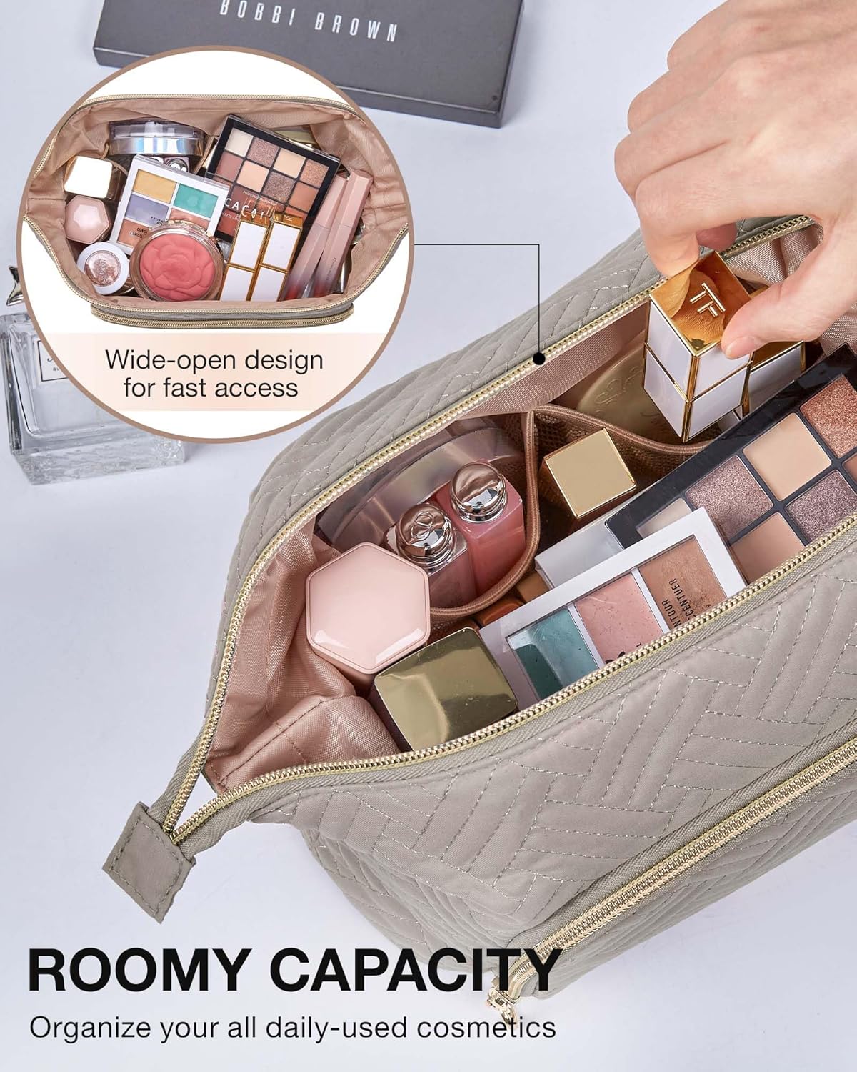 Travel Makeup Bag, Cosmetic Bag Small Make Up Organizer Case,Wide-open Pouch for Women Purse for Toiletries Accessories Brushes,Large Beige