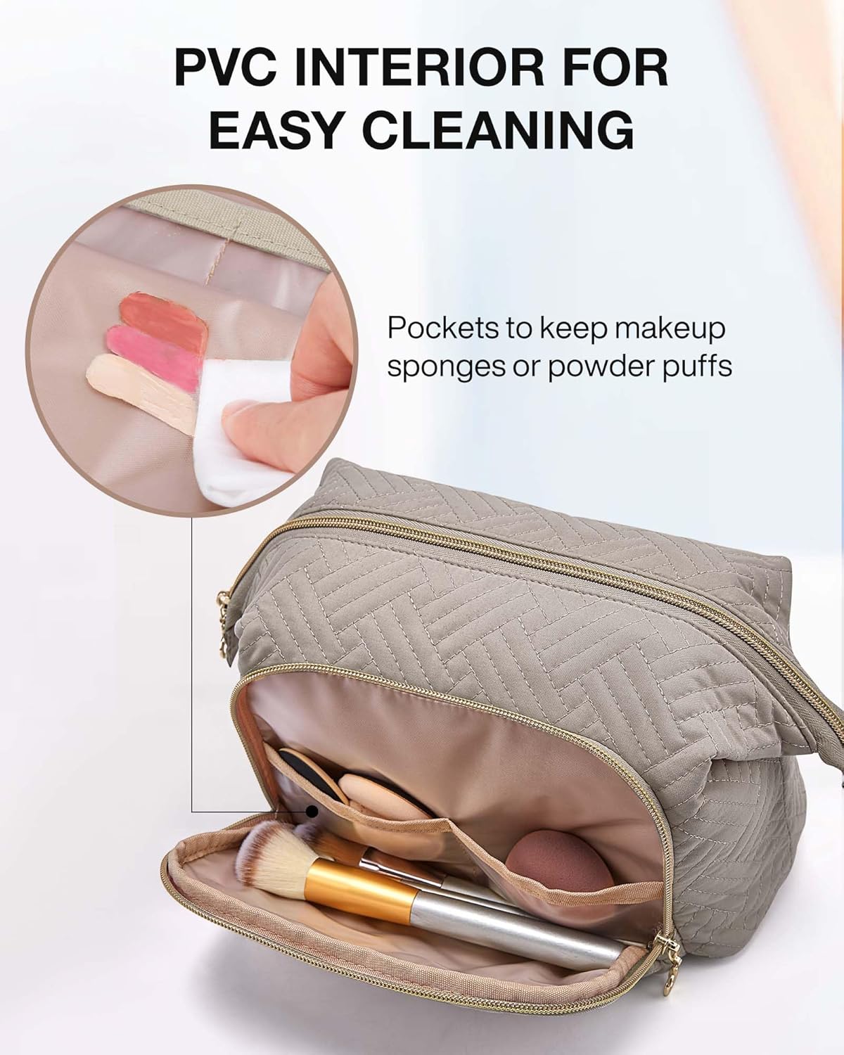 Travel Makeup Bag, Cosmetic Bag Small Make Up Organizer Case,Wide-open Pouch for Women Purse for Toiletries Accessories Brushes,Large Beige