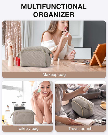 Travel Makeup Bag, Cosmetic Bag Small Make Up Organizer Case,Wide-open Pouch for Women Purse for Toiletries Accessories Brushes,Large Beige