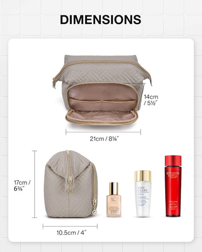 Travel Makeup Bag, Cosmetic Bag Small Make Up Organizer Case,Wide-open Pouch for Women Purse for Toiletries Accessories Brushes,Large Beige