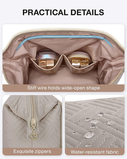 Travel Makeup Bag, Cosmetic Bag Small Make Up Organizer Case,Wide-open Pouch for Women Purse for Toiletries Accessories Brushes,Large Beige