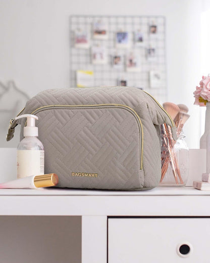 Travel Makeup Bag, Cosmetic Bag Small Make Up Organizer Case,Wide-open Pouch for Women Purse for Toiletries Accessories Brushes,Large Beige