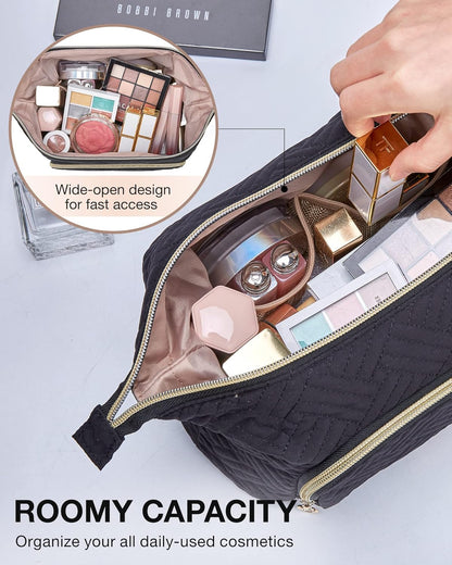Travel Makeup Bag, Cosmetic Bag Small Make Up Organizer Case,Wide-open Pouch for Women Purse for Toiletries Accessories Brushes,Large Beige