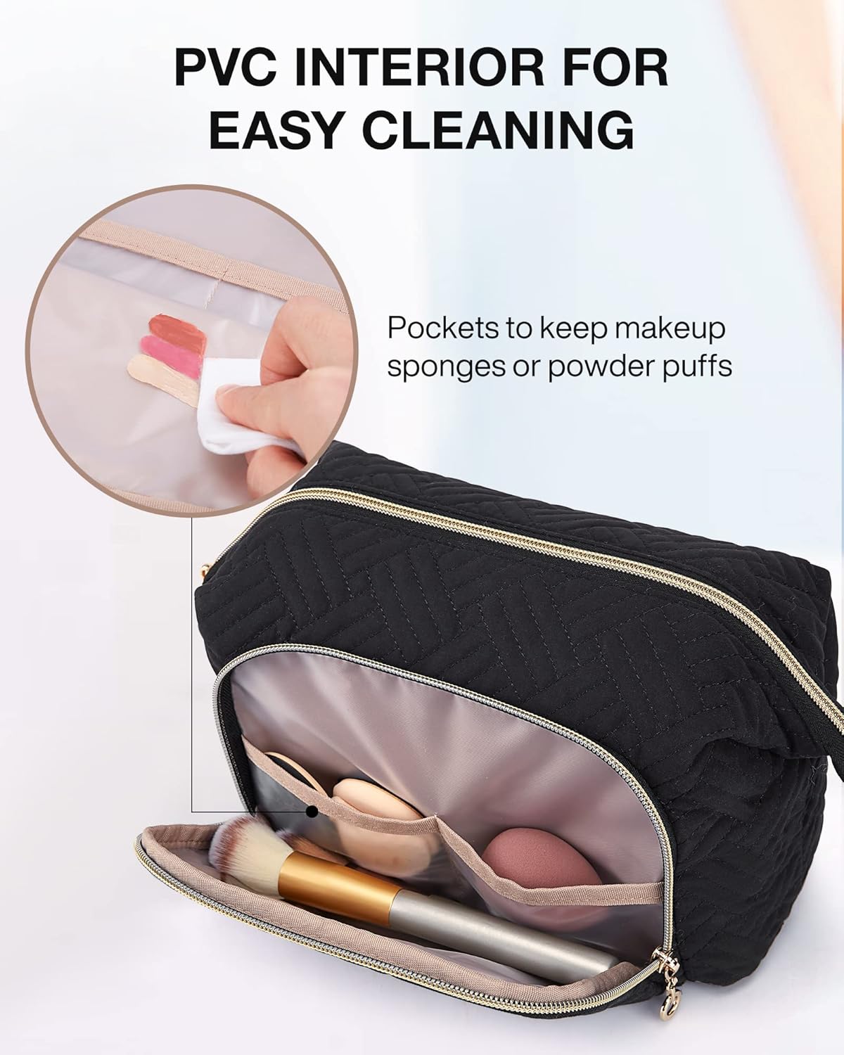 Travel Makeup Bag, Cosmetic Bag Small Make Up Organizer Case,Wide-open Pouch for Women Purse for Toiletries Accessories Brushes,Large Beige