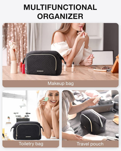 Travel Makeup Bag, Cosmetic Bag Small Make Up Organizer Case,Wide-open Pouch for Women Purse for Toiletries Accessories Brushes,Large Beige