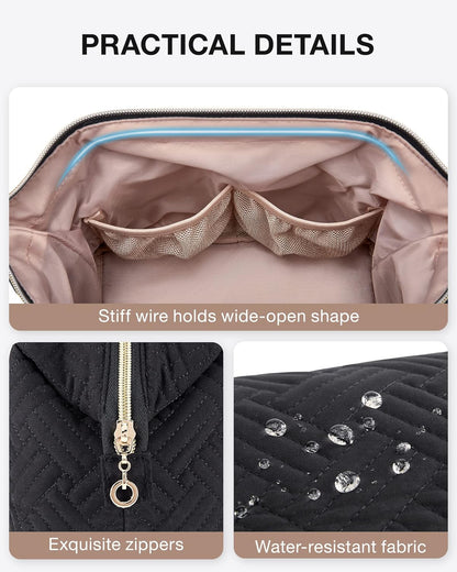 Travel Makeup Bag, Cosmetic Bag Small Make Up Organizer Case,Wide-open Pouch for Women Purse for Toiletries Accessories Brushes,Large Beige
