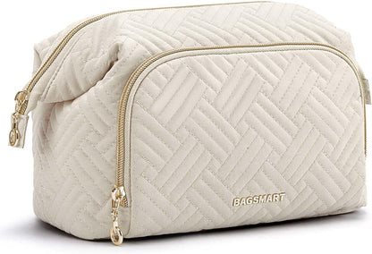 Travel Makeup Bag, Cosmetic Bag Small Make Up Organizer Case,Wide-open Pouch for Women Purse for Toiletries Accessories Brushes,Large Beige