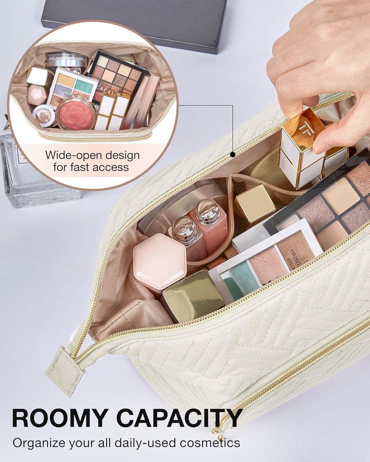 Travel Makeup Bag, Cosmetic Bag Small Make Up Organizer Case,Wide-open Pouch for Women Purse for Toiletries Accessories Brushes,Large Beige