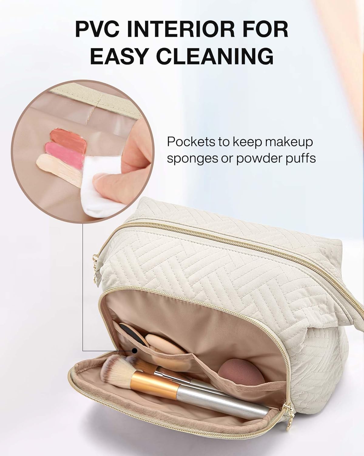 Travel Makeup Bag, Cosmetic Bag Small Make Up Organizer Case,Wide-open Pouch for Women Purse for Toiletries Accessories Brushes,Large Beige