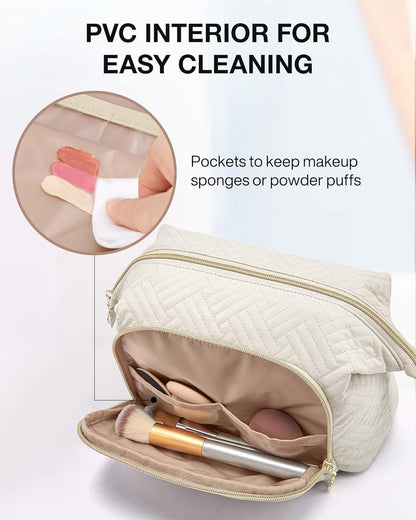 Travel Makeup Bag, Cosmetic Bag Small Make Up Organizer Case,Wide-open Pouch for Women Purse for Toiletries Accessories Brushes,Large Beige