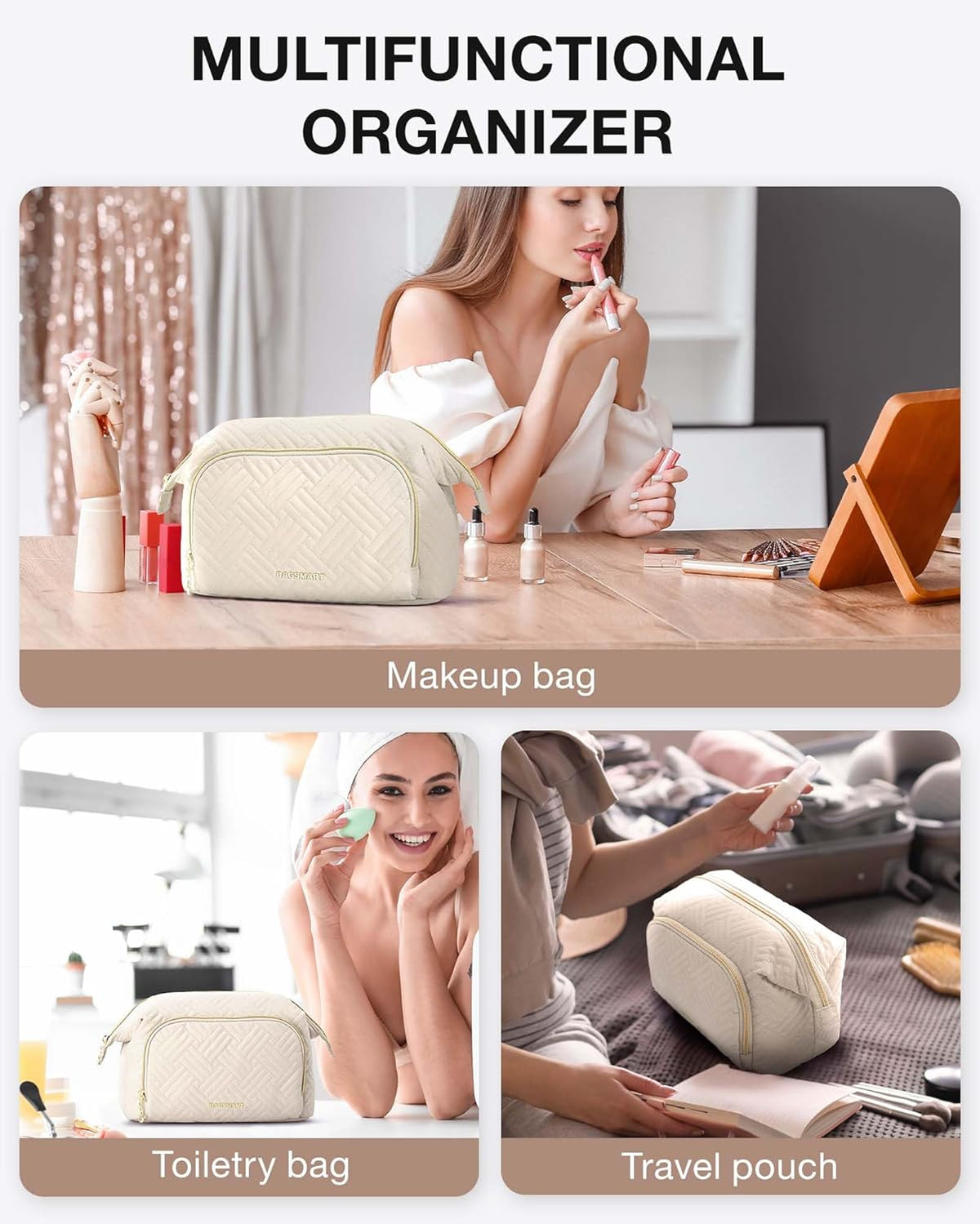 Travel Makeup Bag, Cosmetic Bag Small Make Up Organizer Case,Wide-open Pouch for Women Purse for Toiletries Accessories Brushes,Large Beige