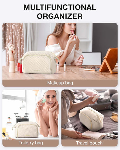 Travel Makeup Bag, Cosmetic Bag Small Make Up Organizer Case,Wide-open Pouch for Women Purse for Toiletries Accessories Brushes,Large Beige
