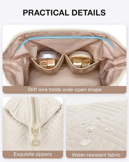 Travel Makeup Bag, Cosmetic Bag Small Make Up Organizer Case,Wide-open Pouch for Women Purse for Toiletries Accessories Brushes,Large Beige