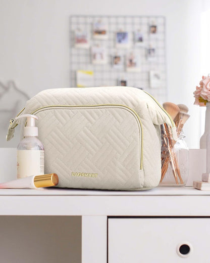 Travel Makeup Bag, Cosmetic Bag Small Make Up Organizer Case,Wide-open Pouch for Women Purse for Toiletries Accessories Brushes,Large Beige
