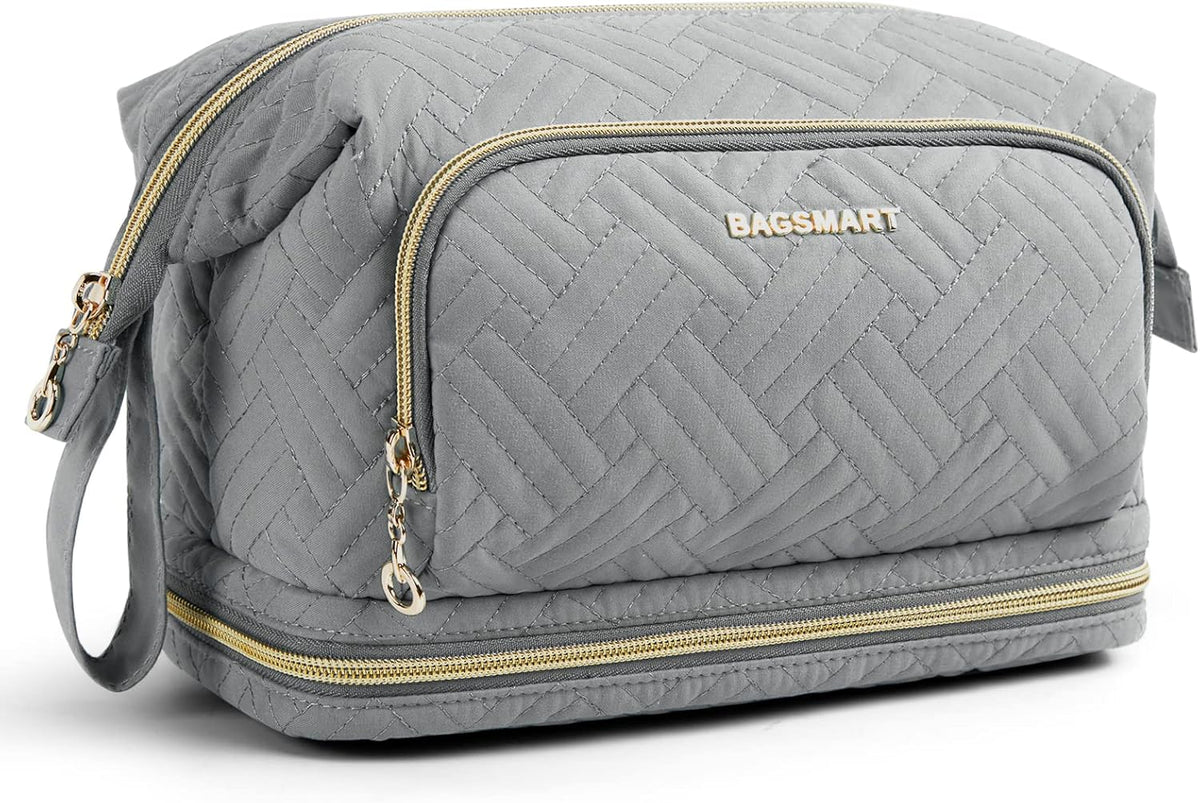 Travel Makeup Bag, Cosmetic Bag Small Make Up Organizer Case,Wide-open Pouch for Women Purse for Toiletries Accessories Brushes,Large Beige
