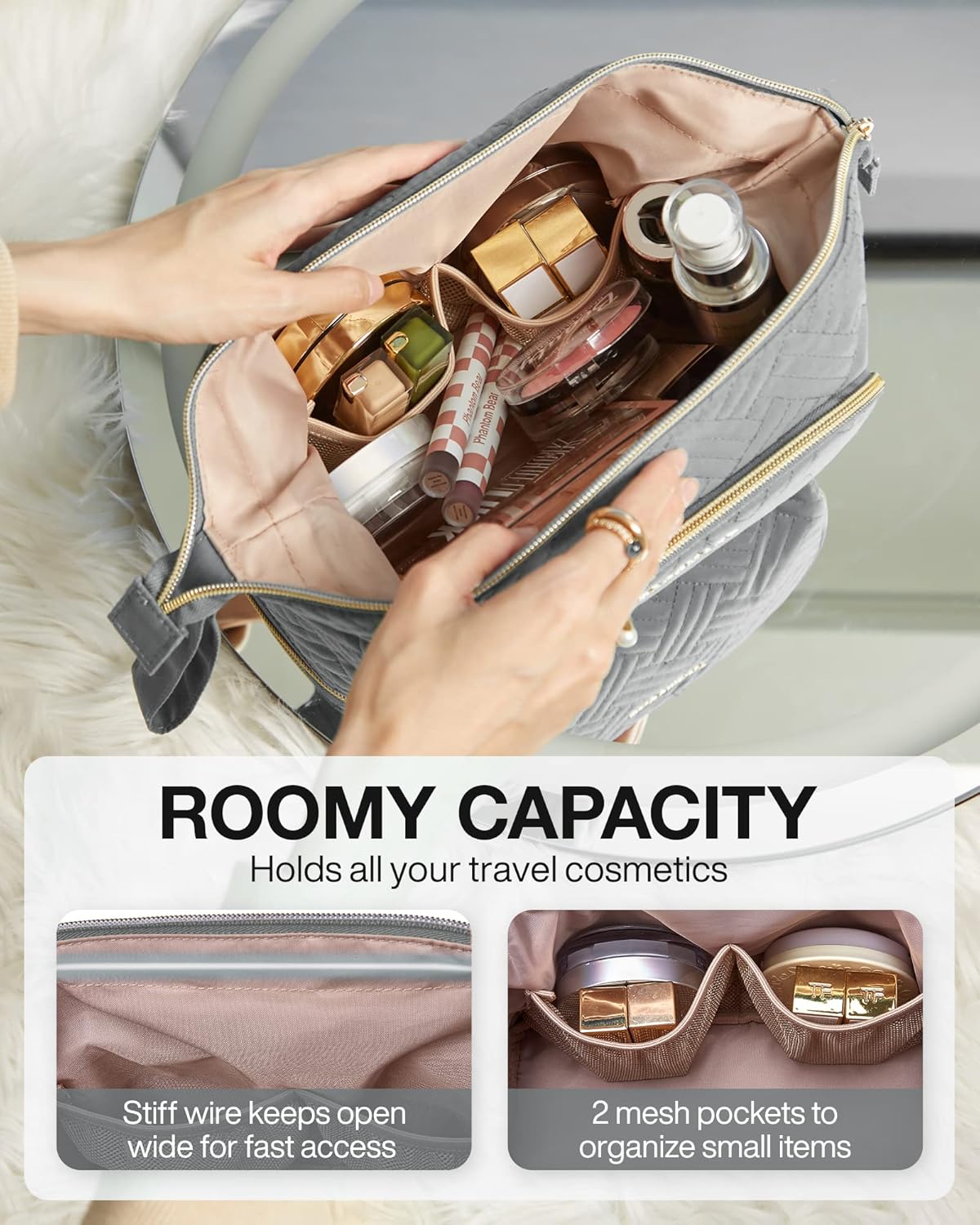 Travel Makeup Bag, Cosmetic Bag Small Make Up Organizer Case,Wide-open Pouch for Women Purse for Toiletries Accessories Brushes,Large Beige