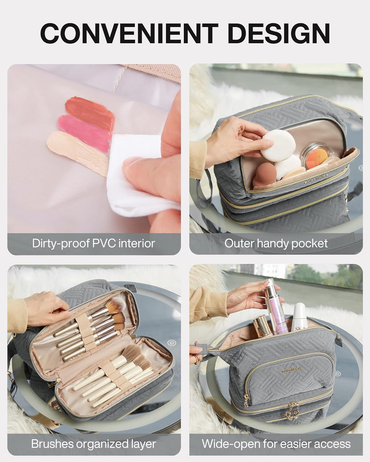 Travel Makeup Bag, Cosmetic Bag Small Make Up Organizer Case,Wide-open Pouch for Women Purse for Toiletries Accessories Brushes,Large Beige
