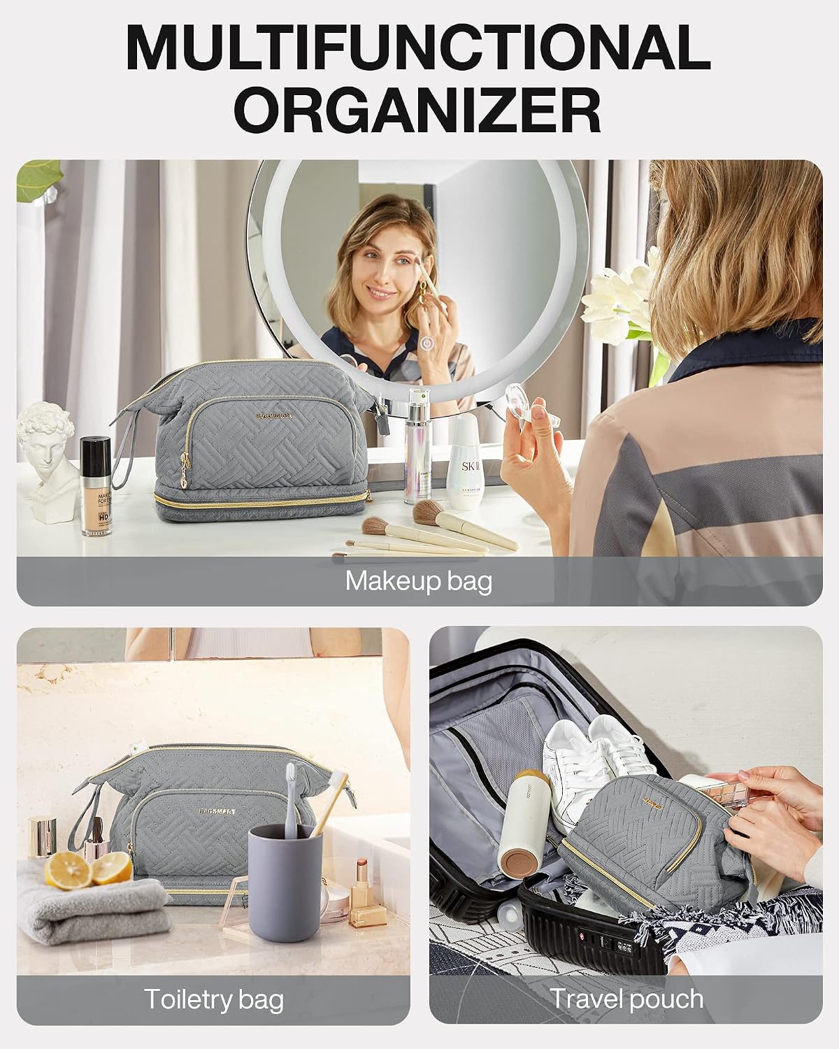Travel Makeup Bag, Cosmetic Bag Small Make Up Organizer Case,Wide-open Pouch for Women Purse for Toiletries Accessories Brushes,Large Beige