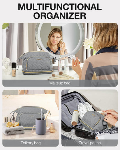 Travel Makeup Bag, Cosmetic Bag Small Make Up Organizer Case,Wide-open Pouch for Women Purse for Toiletries Accessories Brushes,Large Beige