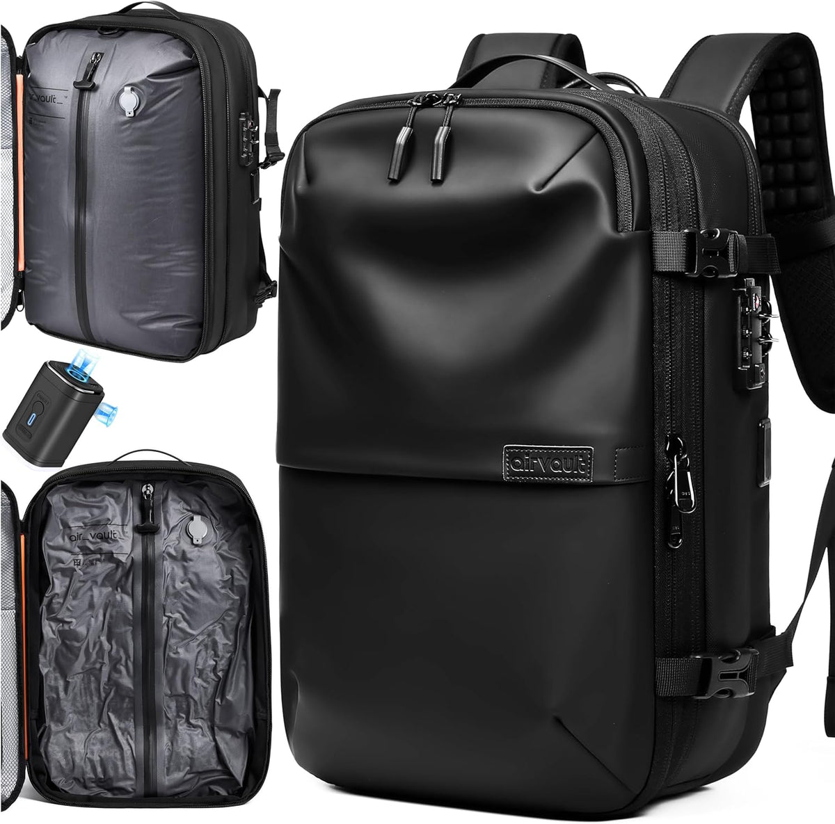 Vacuum Seal Travel Backpack 60L with Expandable HyperSeal Air Compression Vacuum System Water Resistant TSA Lock (Vacuum Pump Included, Black, 60L)