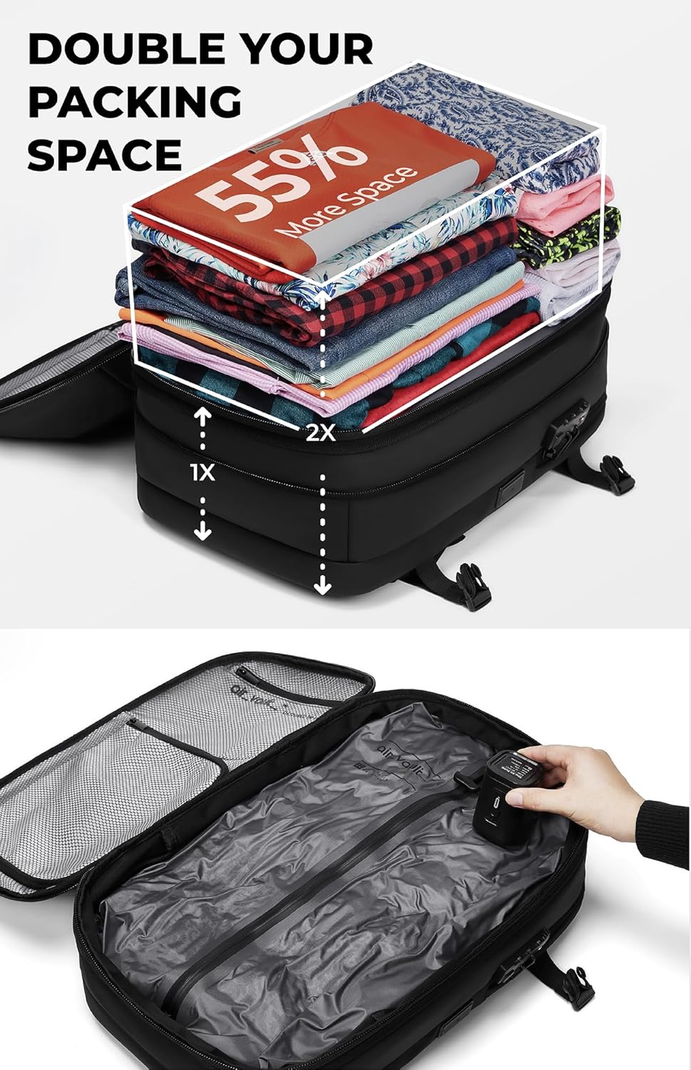 Vacuum Seal Travel Backpack 60L with Expandable HyperSeal Air Compression Vacuum System Water Resistant TSA Lock (Vacuum Pump Included, Black, 60L)