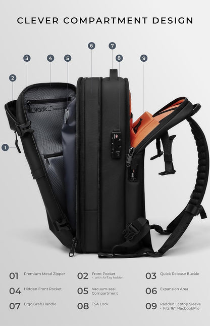 Vacuum Seal Travel Backpack 60L with Expandable HyperSeal Air Compression Vacuum System Water Resistant TSA Lock (Vacuum Pump Included, Black, 60L)