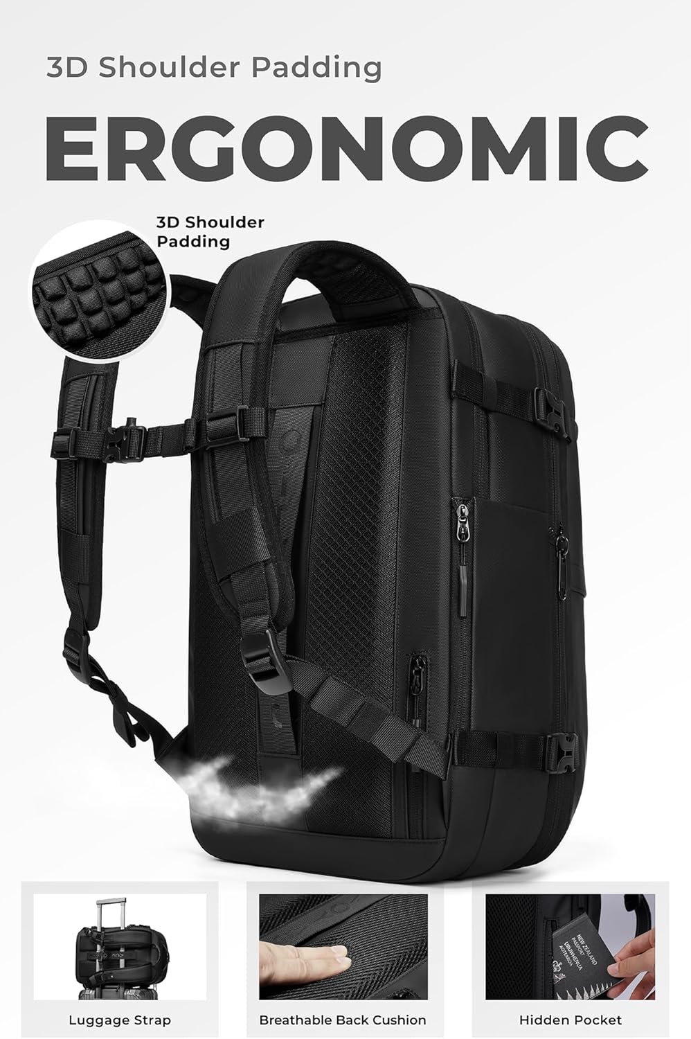 Vacuum Seal Travel Backpack 60L with Expandable HyperSeal Air Compression Vacuum System Water Resistant TSA Lock (Vacuum Pump Included, Black, 60L)