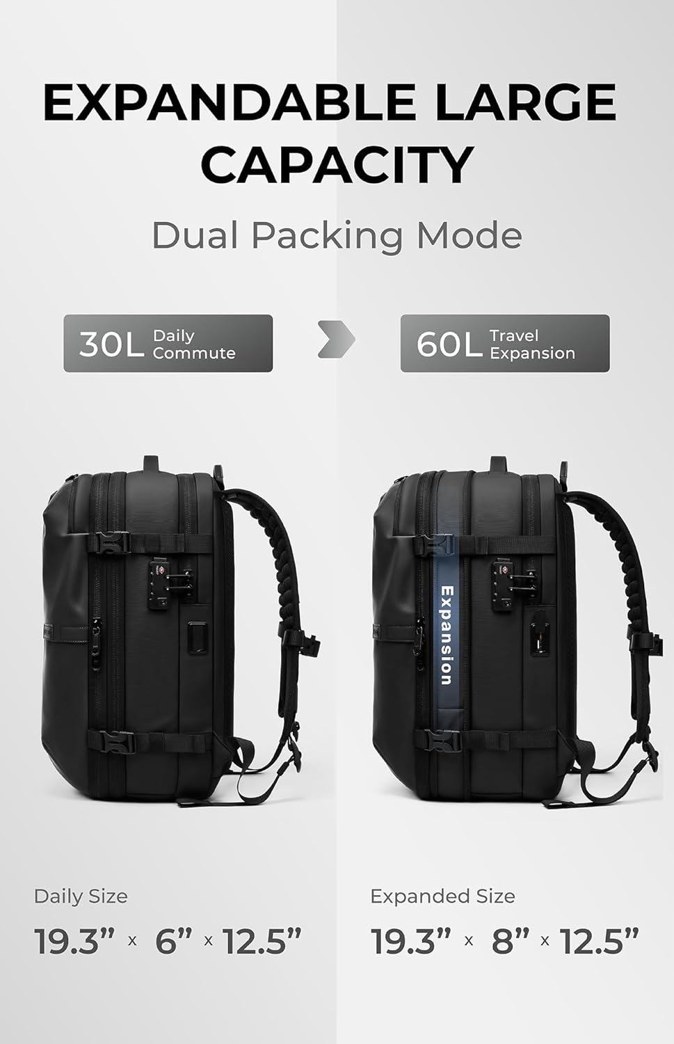 Vacuum Seal Travel Backpack 60L with Expandable HyperSeal Air Compression Vacuum System Water Resistant TSA Lock (Vacuum Pump Included, Black, 60L)